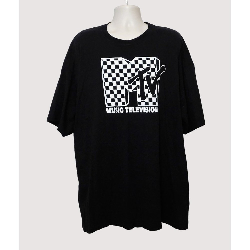 MTV Music Television Logo Tee Shirt 4XL Black White Checkered Short Sleeve 2021